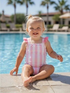 TBBC Pink & White Stripe Ruffle-Sleeve One-Piece Long Bay Swimsuit 12-18M